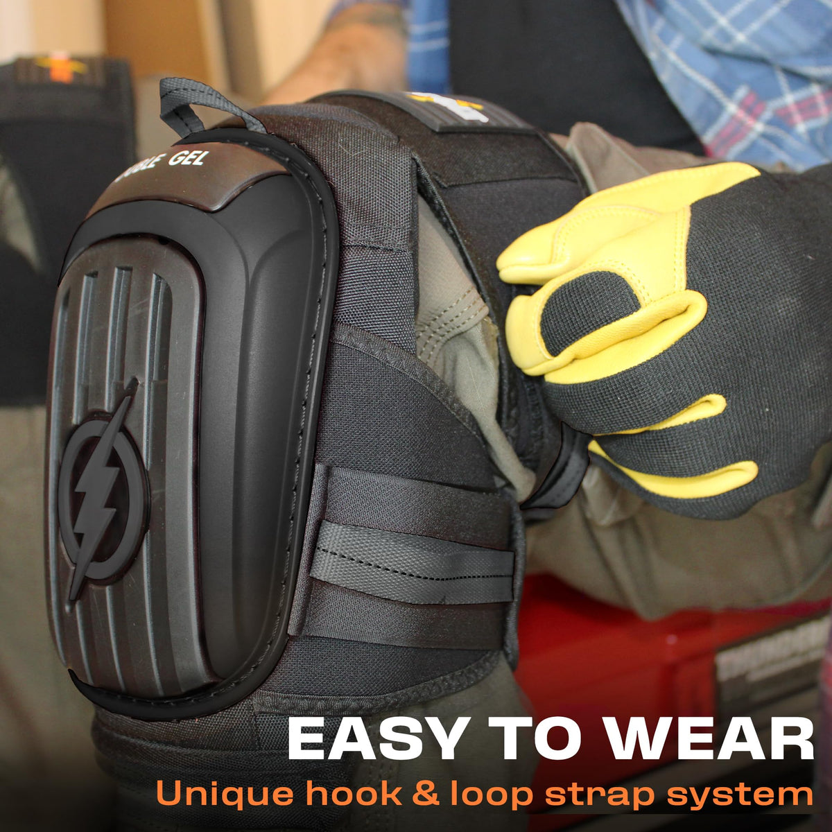 Thunderbolt knee pads with adjustable fasteners for a secure fit