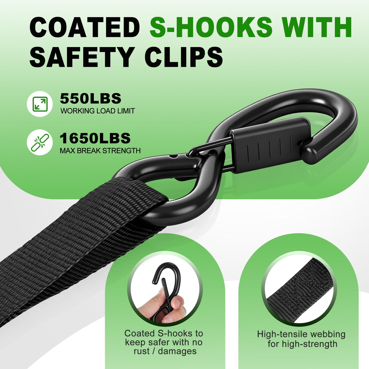 THURSLLON S-hooks with safety clips protecting anchor points.