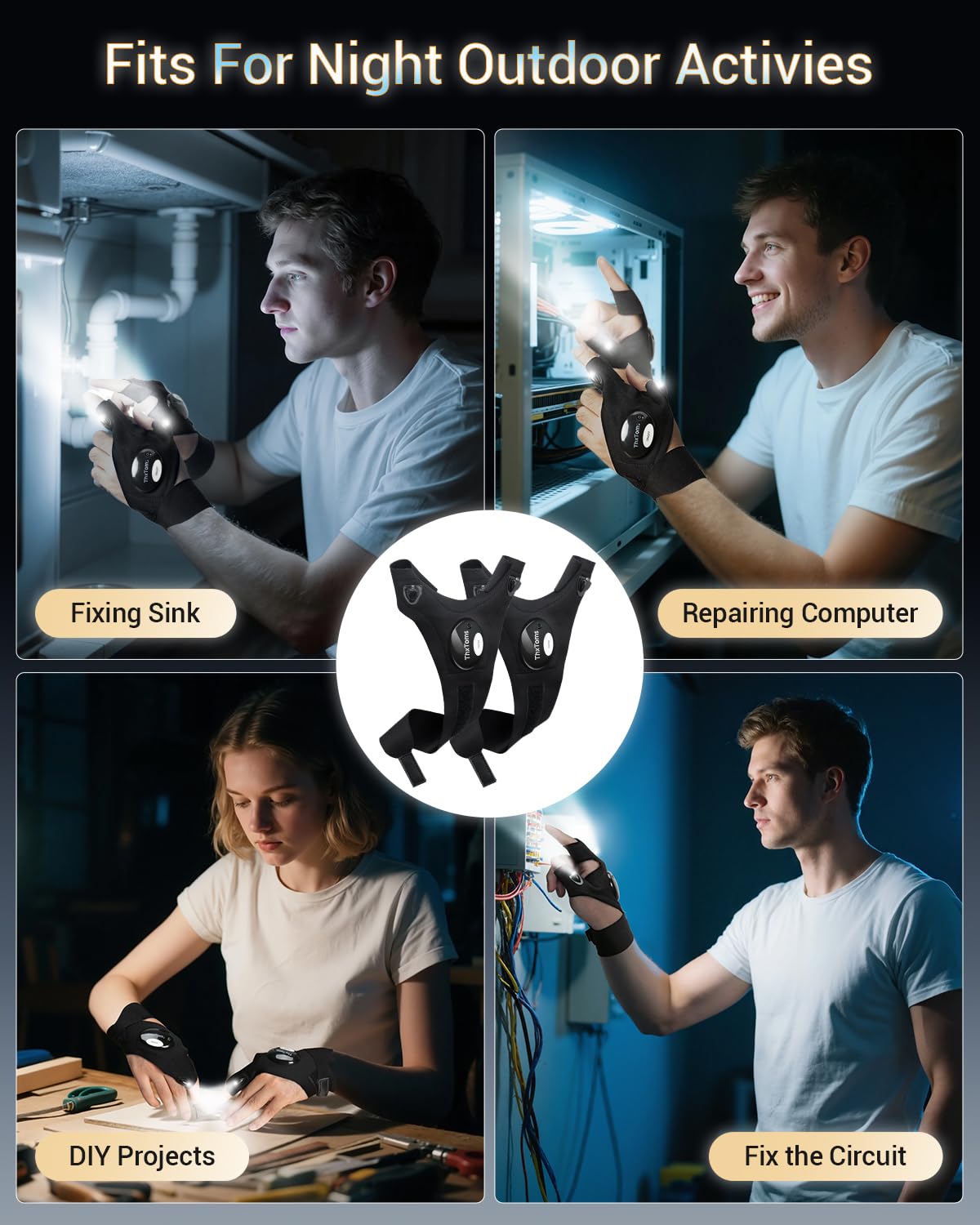 ThxToms LED Flashlight Gloves with adjustable Velcro, secure fit for various hand sizes
