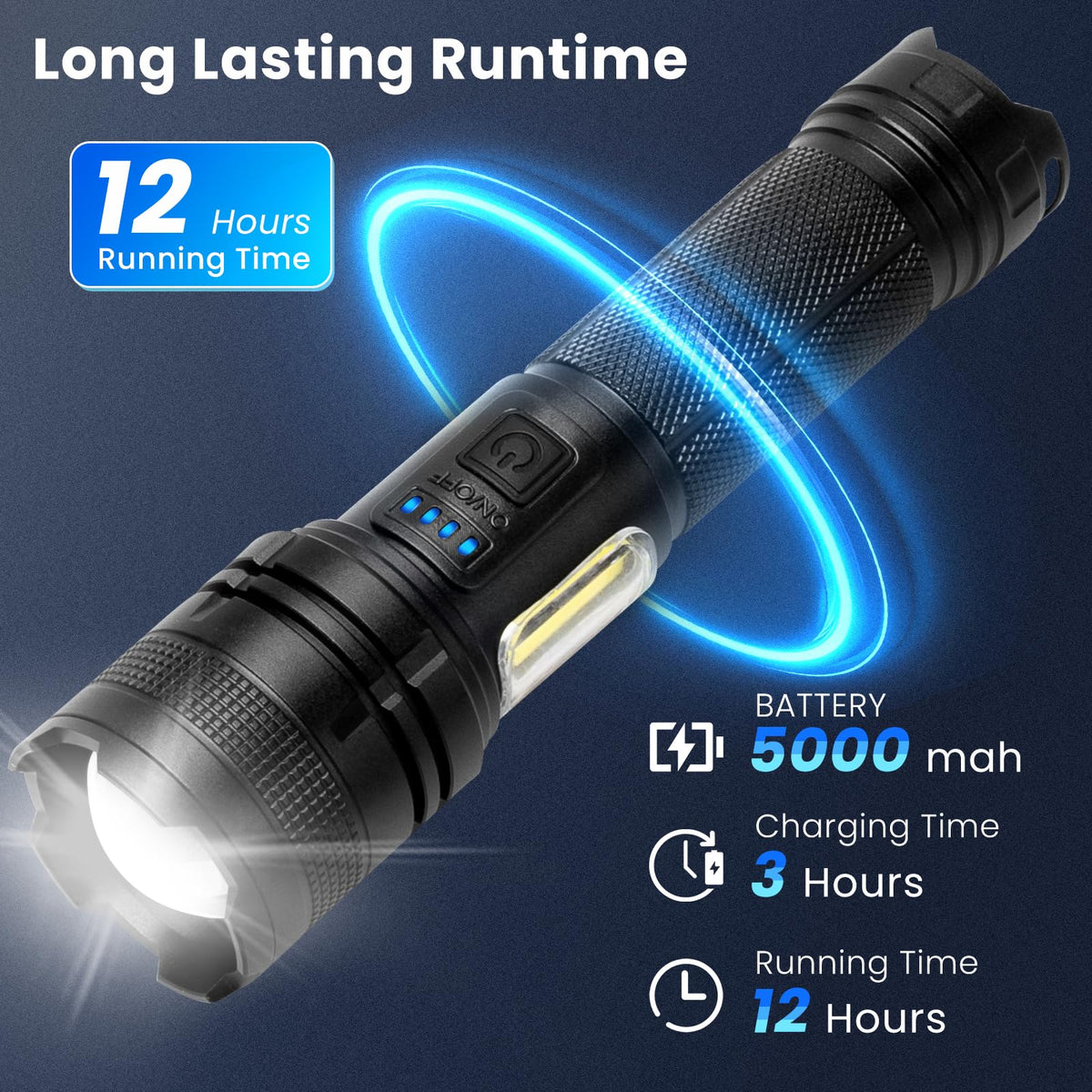 THY TRY flashlight with power indicators displaying remaining charge