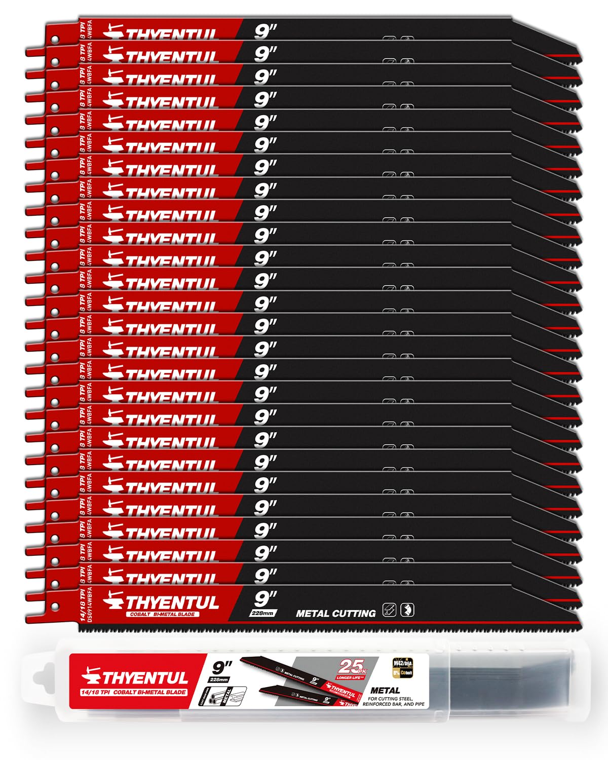 THYENTUL 25-pack 9-inch blades with UV coating for easy metal cutting.