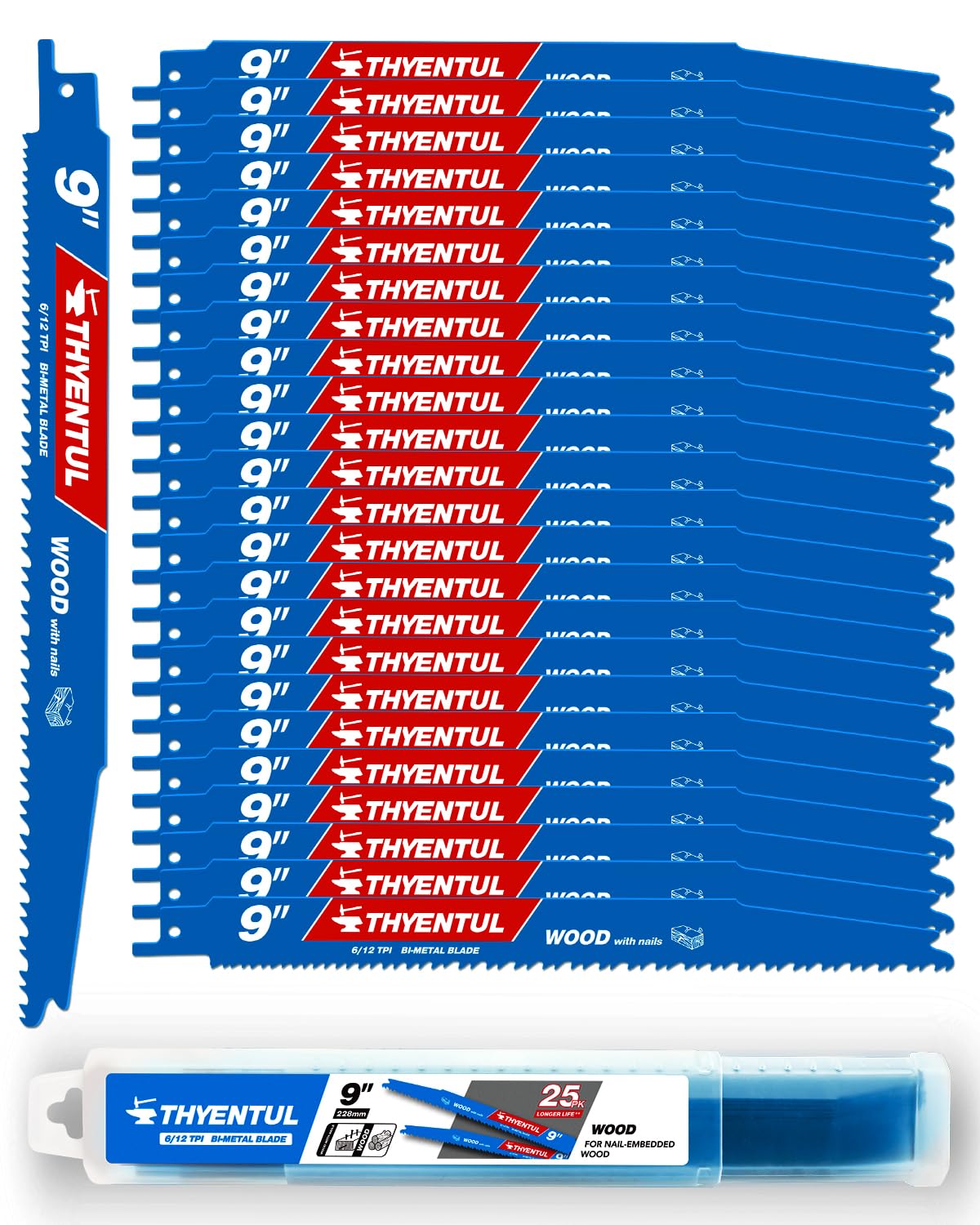 THYENTUL 25pc 9-inch sawzall blades pack box showcases nail-embedded wood capability
