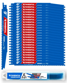 THYENTUL 25pc 9-inch sawzall blades pack box showcases nail-embedded wood capability