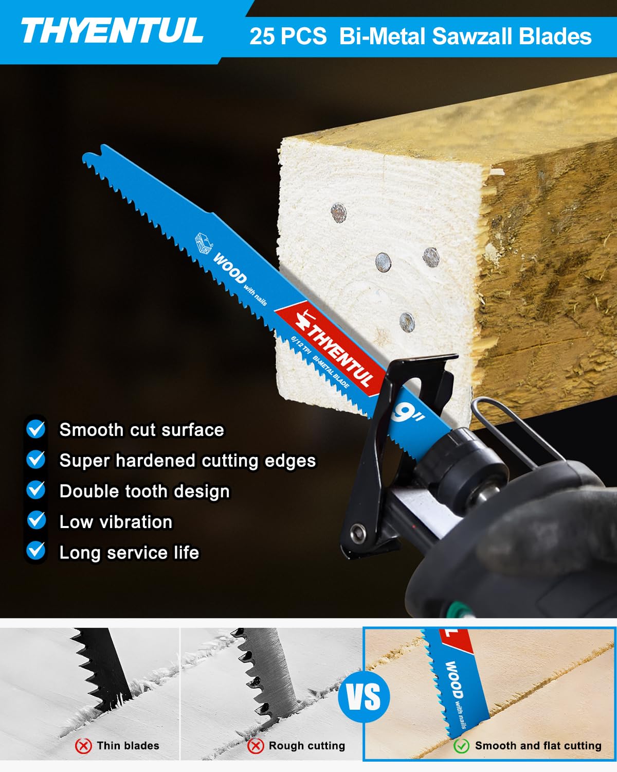 THYENTUL blade cutting through nail-embedded wood in demolition