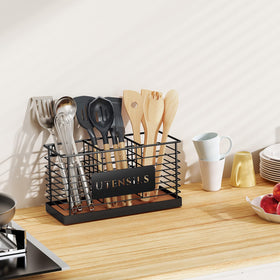 Holder with utensils in use demonstrates quick reach during cooking