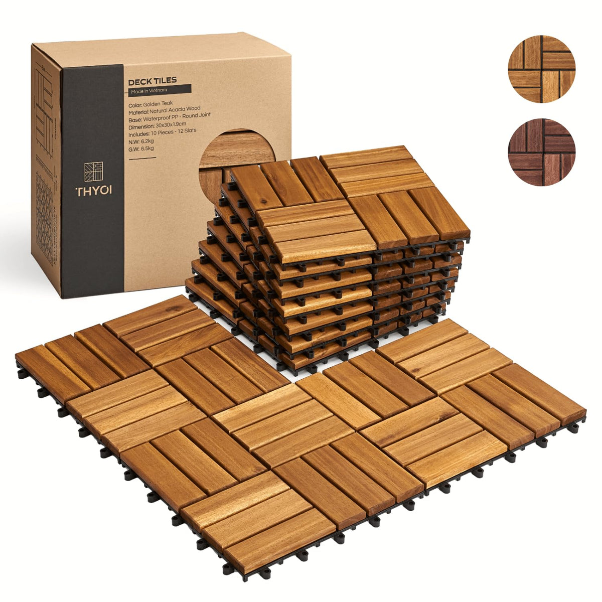 THYOI acacia deck tile Golden Teak finish provides durable outdoor flooring.