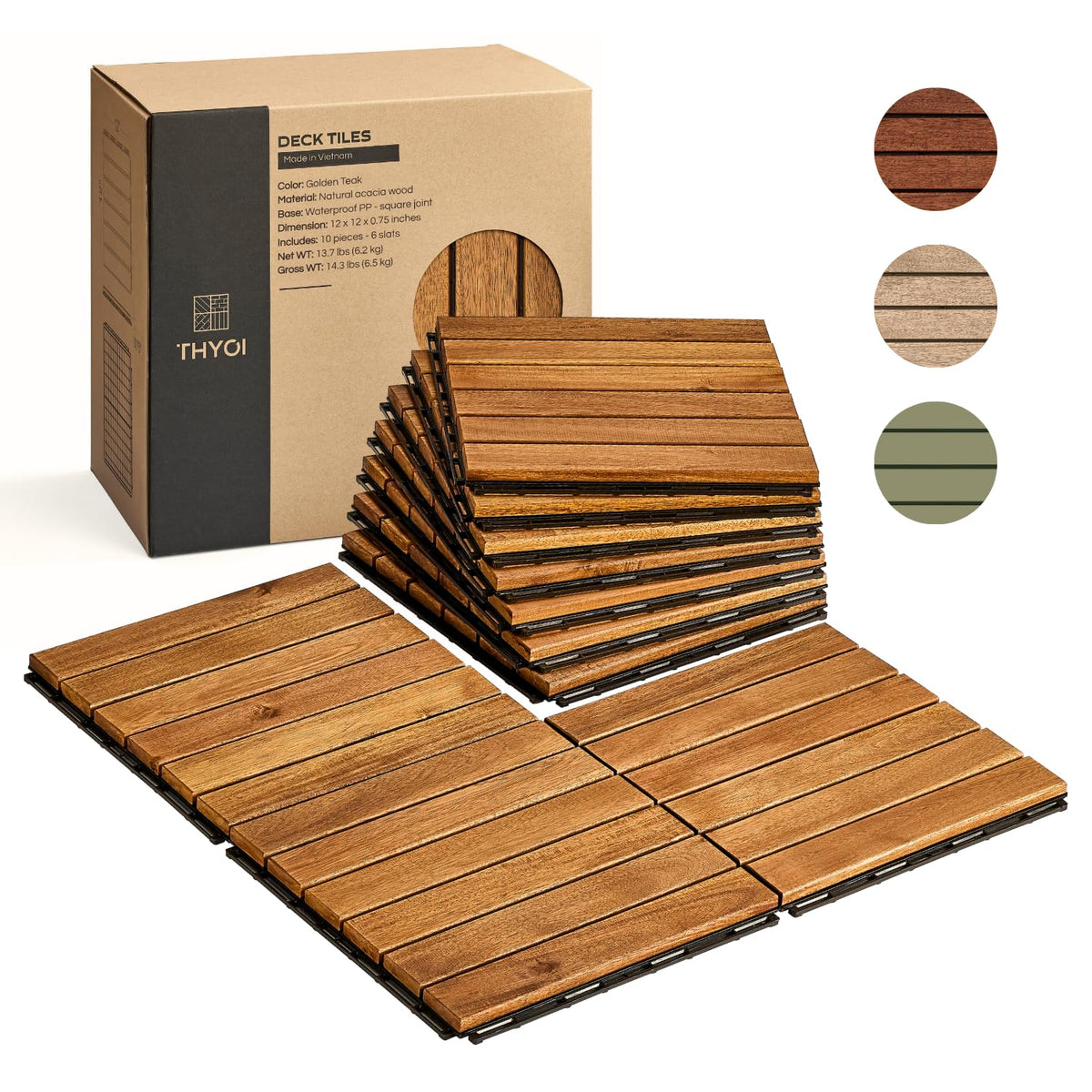 THYOI deck tiles showcasing acacia wood texture and outdoor-ready appearance