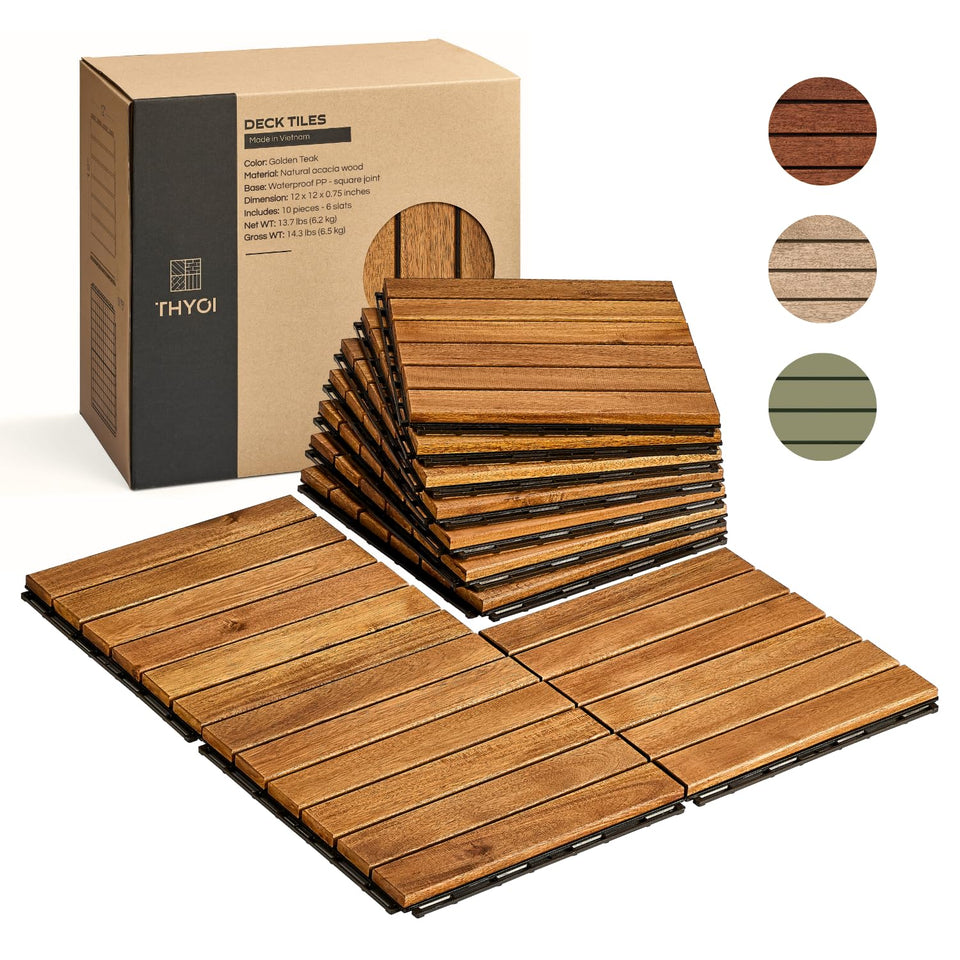 THYOI deck tiles showcasing acacia wood texture and outdoor-ready appearance