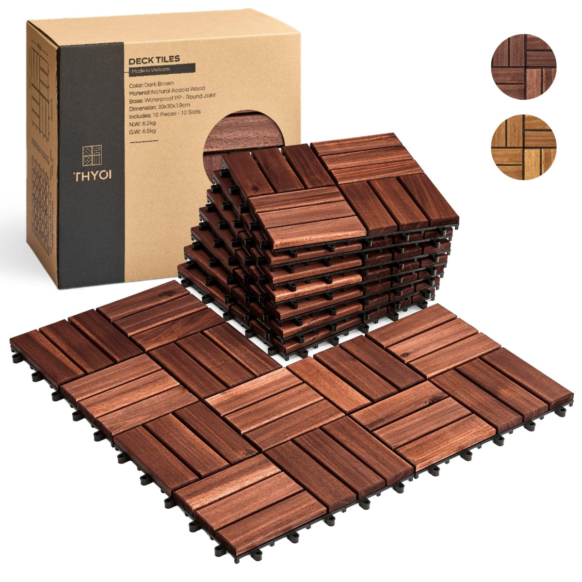THYOI premium acacia deck tile in dark brown showing natural grain for patio elegance.