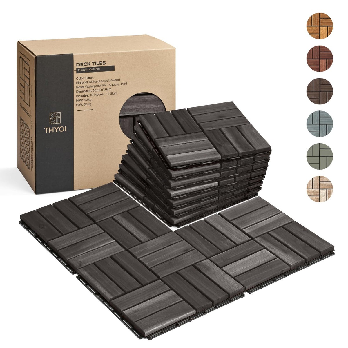 THYOI premium deck tiles in acacia wood, top view for durable outdoor flooring