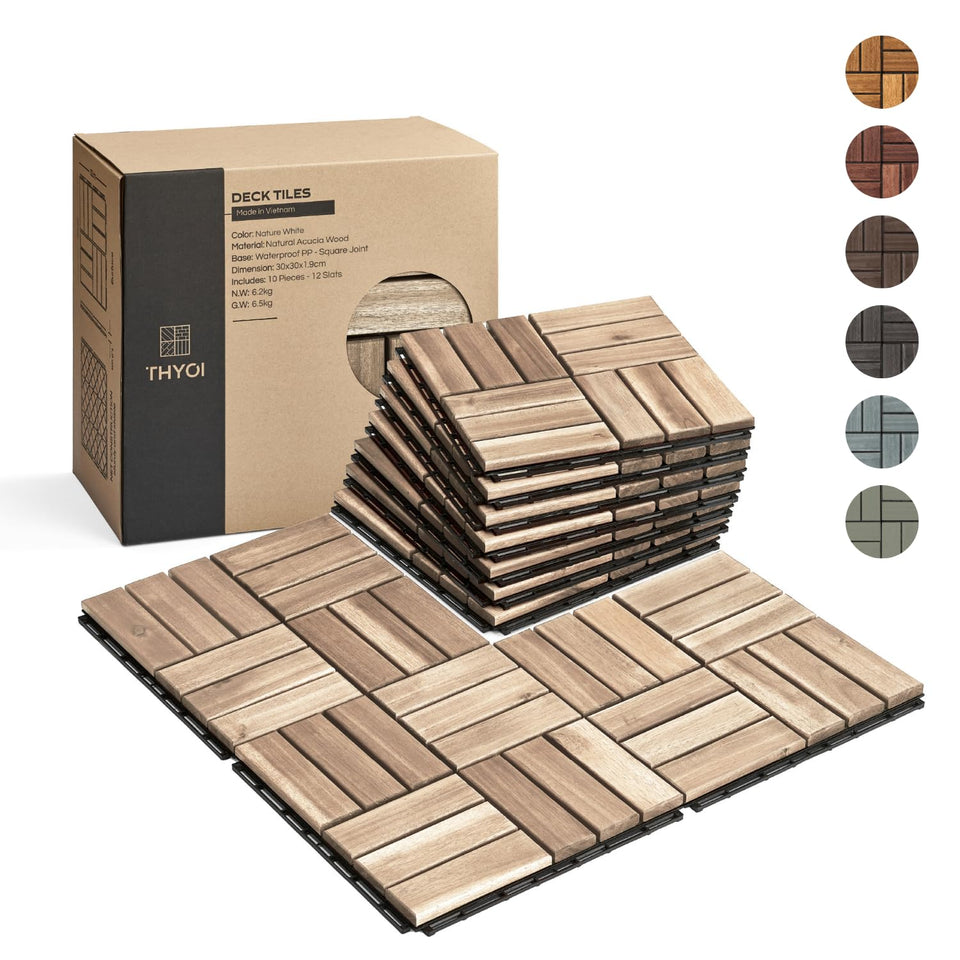THYOI Premium Deck Tiles top view shows durable acacia wood for all-weather outdoor use.