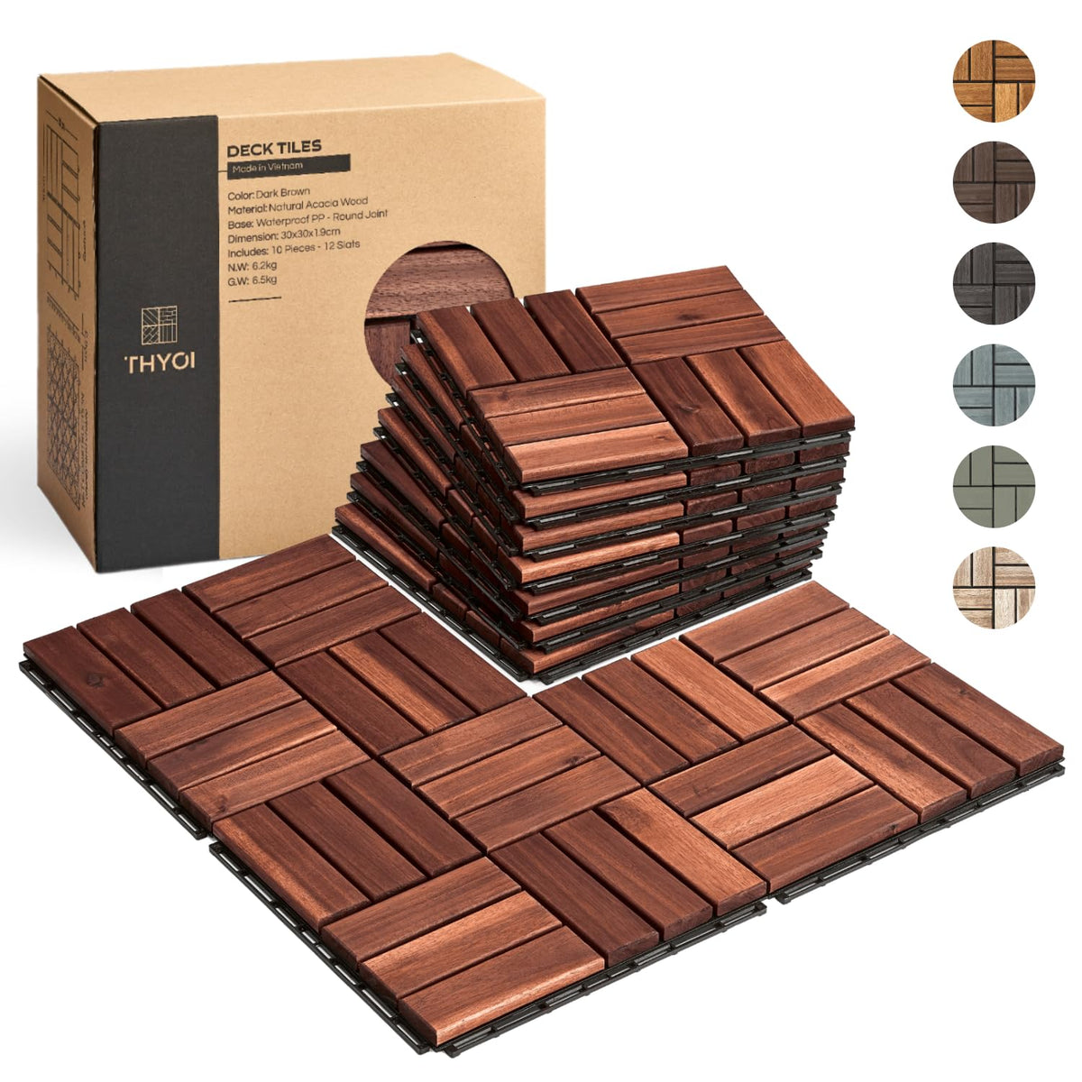 THYOI premium deck tile close-up shows dark brown wood grain and smooth finish.