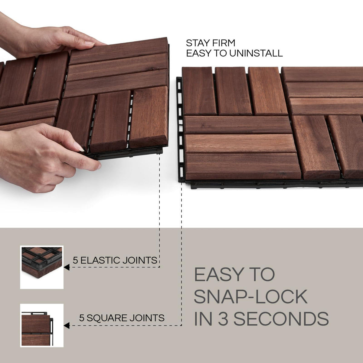 THYOI deck tiles with spacing and snap-lock drainage stay dry.