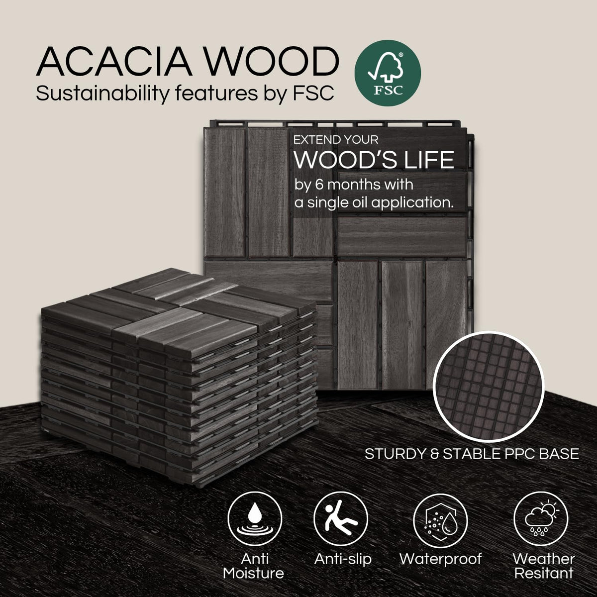 THYOI acacia deck tiles around a pool highlight non-slip grooves