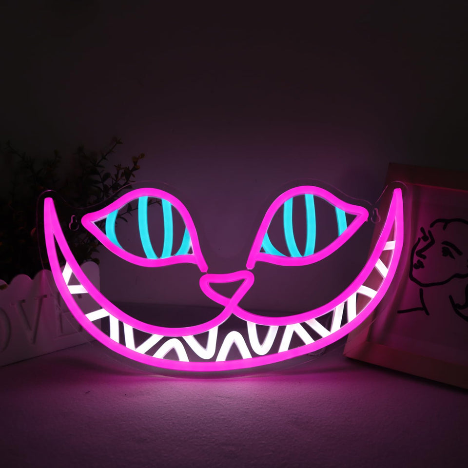 Tiabuy Cheshire Cat neon sign for whimsical wall decor and mood lighting.