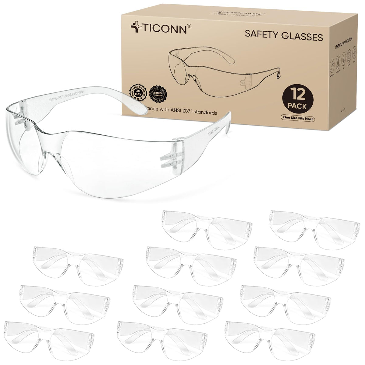 TICONN 12-pack clear safety glasses provide reliable eye protection for work or home tasks.