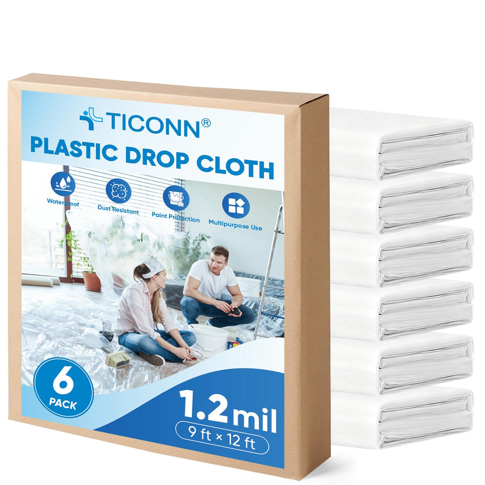 TICONN 12x9 ft paint drop cloth ready for painting setup, protects floors
