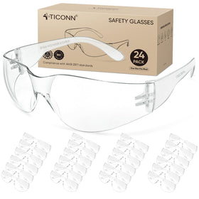 TICONN 24-pack clear safety glasses, front view, shield against debris and UV light.