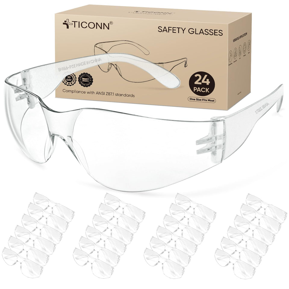 TICONN 24-pack clear safety glasses, front view, shield against debris and UV light.