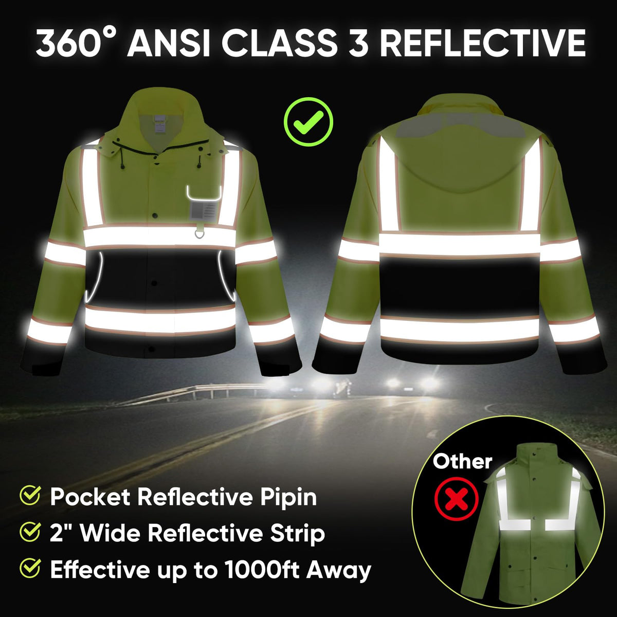 TICONN jacket features 360-degree reflective tape for high visibility.