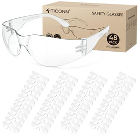 TICONN 48-pack clear safety glasses with UV400 lenses for daytime protection.