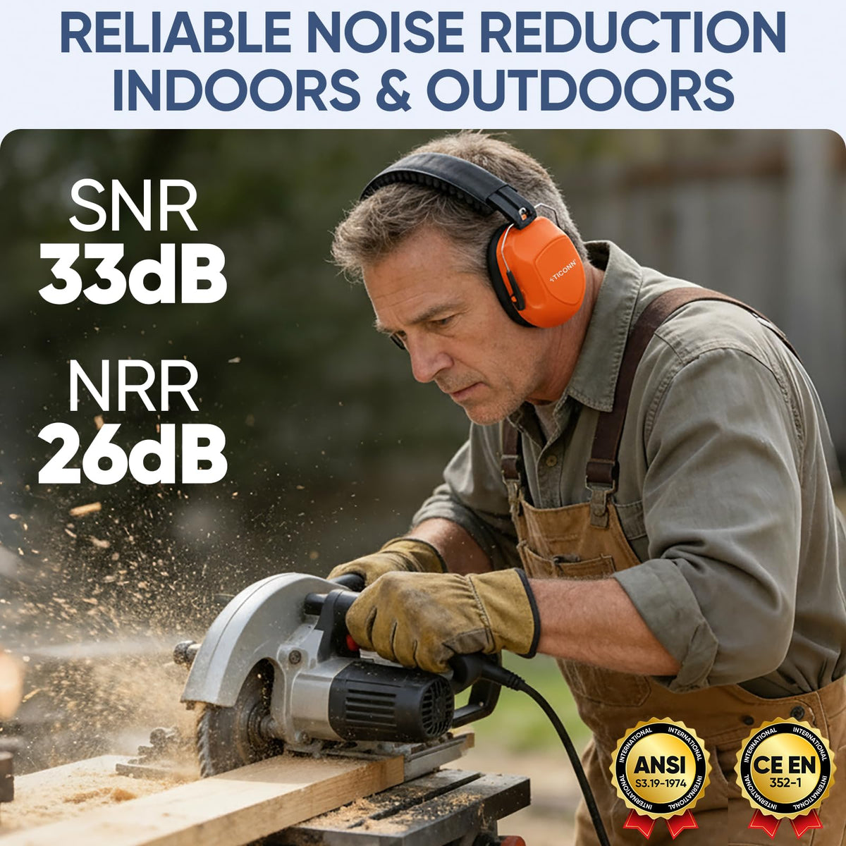 TICONN adjustable headband ear muffs ensure a secure fit for all head sizes.