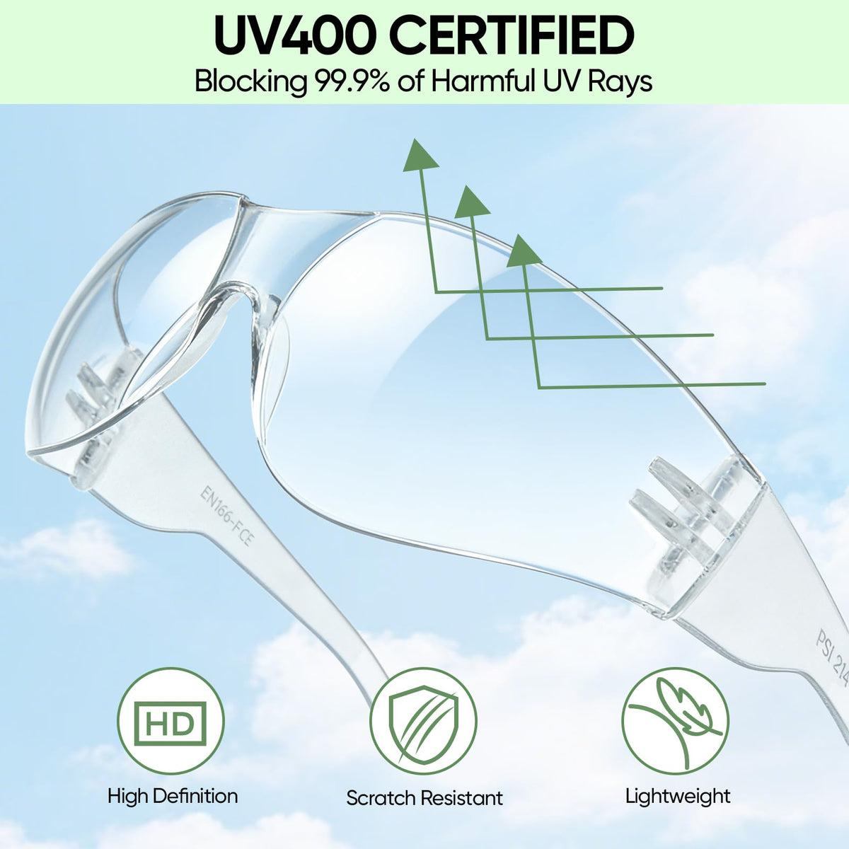 TICONN ANSI Z87.1 compliant safety glasses meet standard protection for various activities.