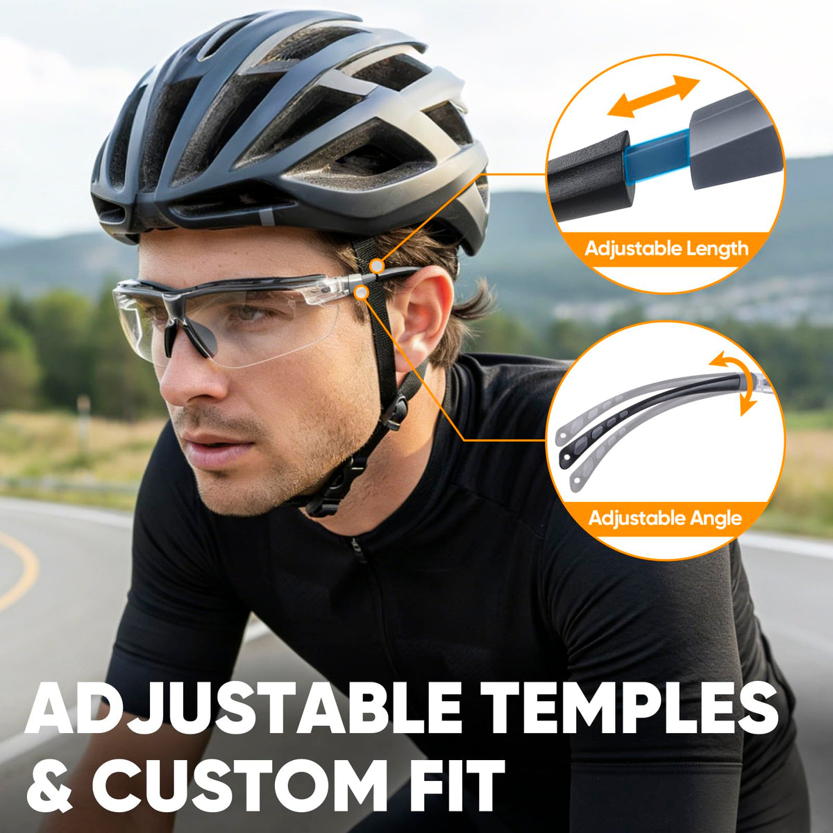 TICONN safety glasses with adjustable arms for a customized fit.
