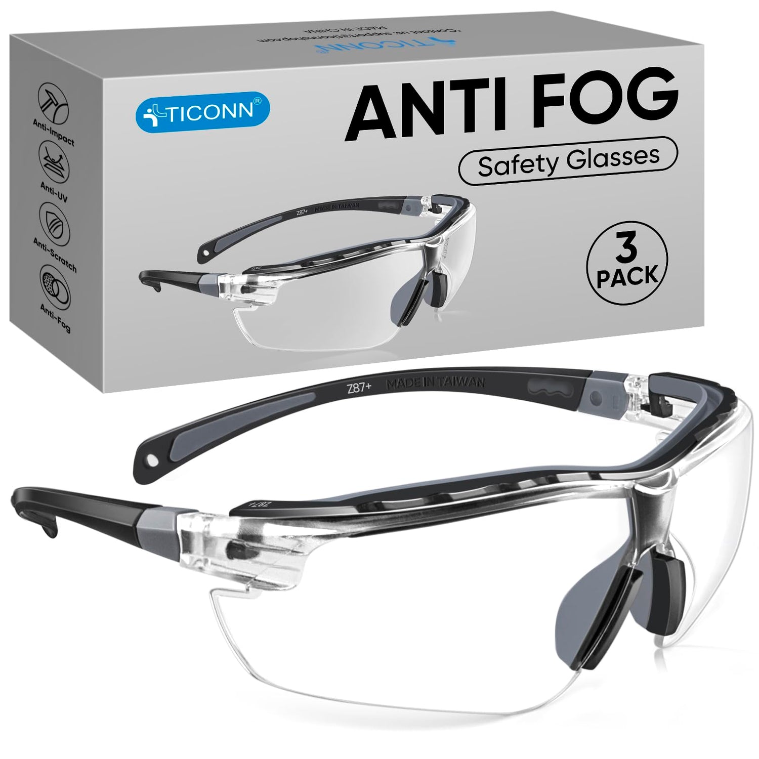 TICONN wraparound clear safety glasses with anti-fog lenses for daily use.