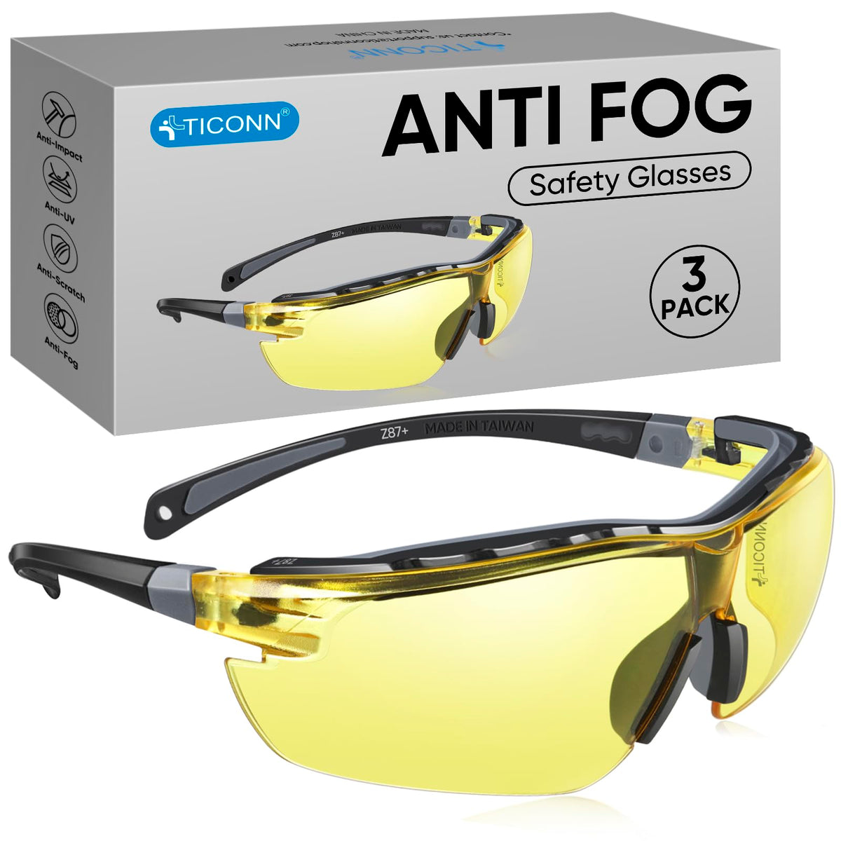 TICONN anti-fog safety glasses yellow 3pk package for all-day eye protection