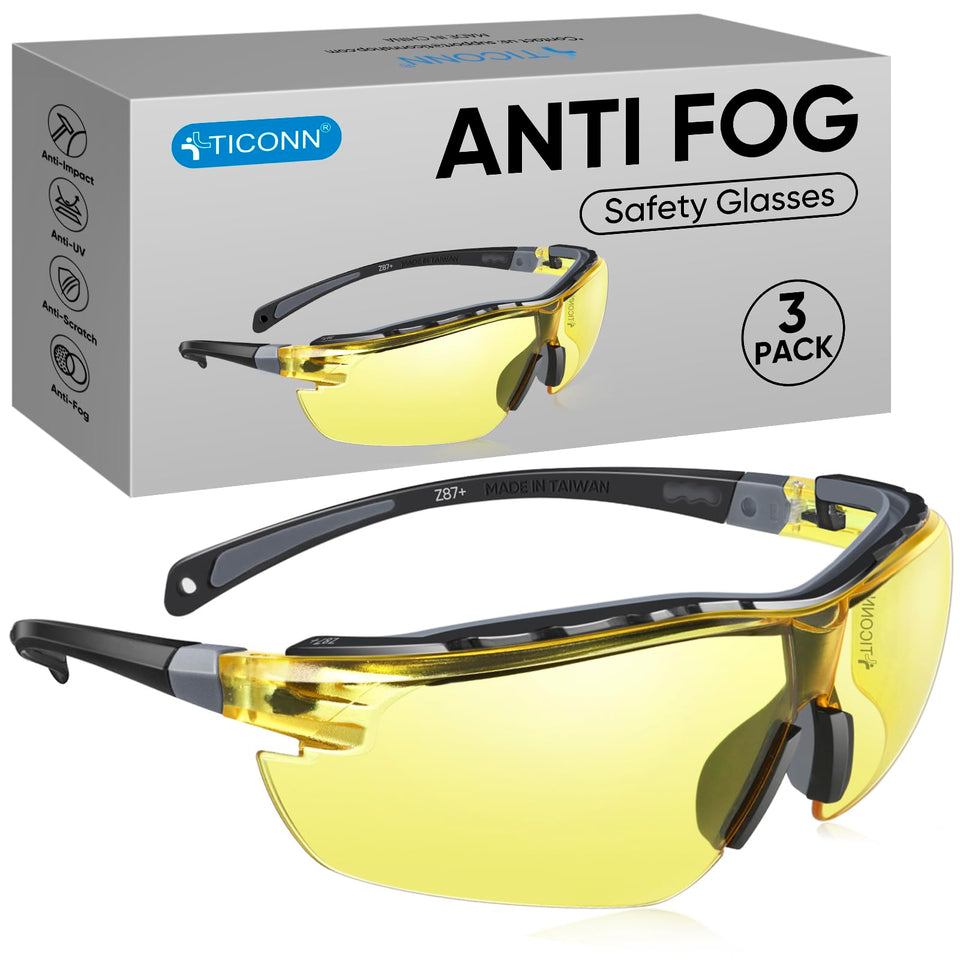 TICONN anti-fog safety glasses yellow 3pk package for all-day eye protection