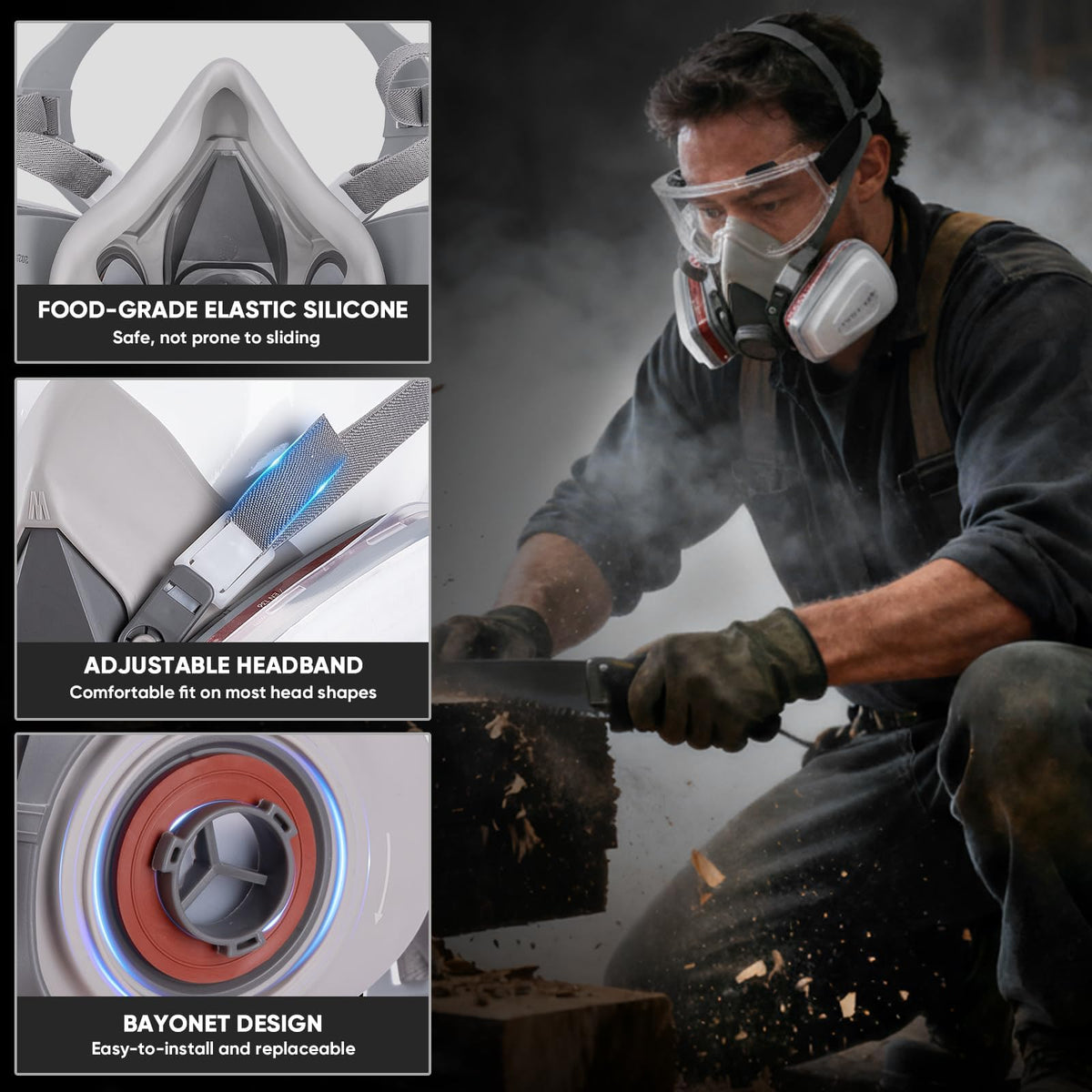 TICONN anti-fog safety glasses paired with the respirator for clear vision