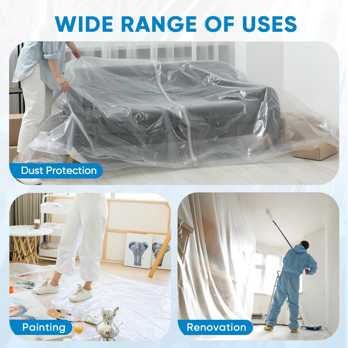 TICONN dust protection drop cloth shields furniture from debris.