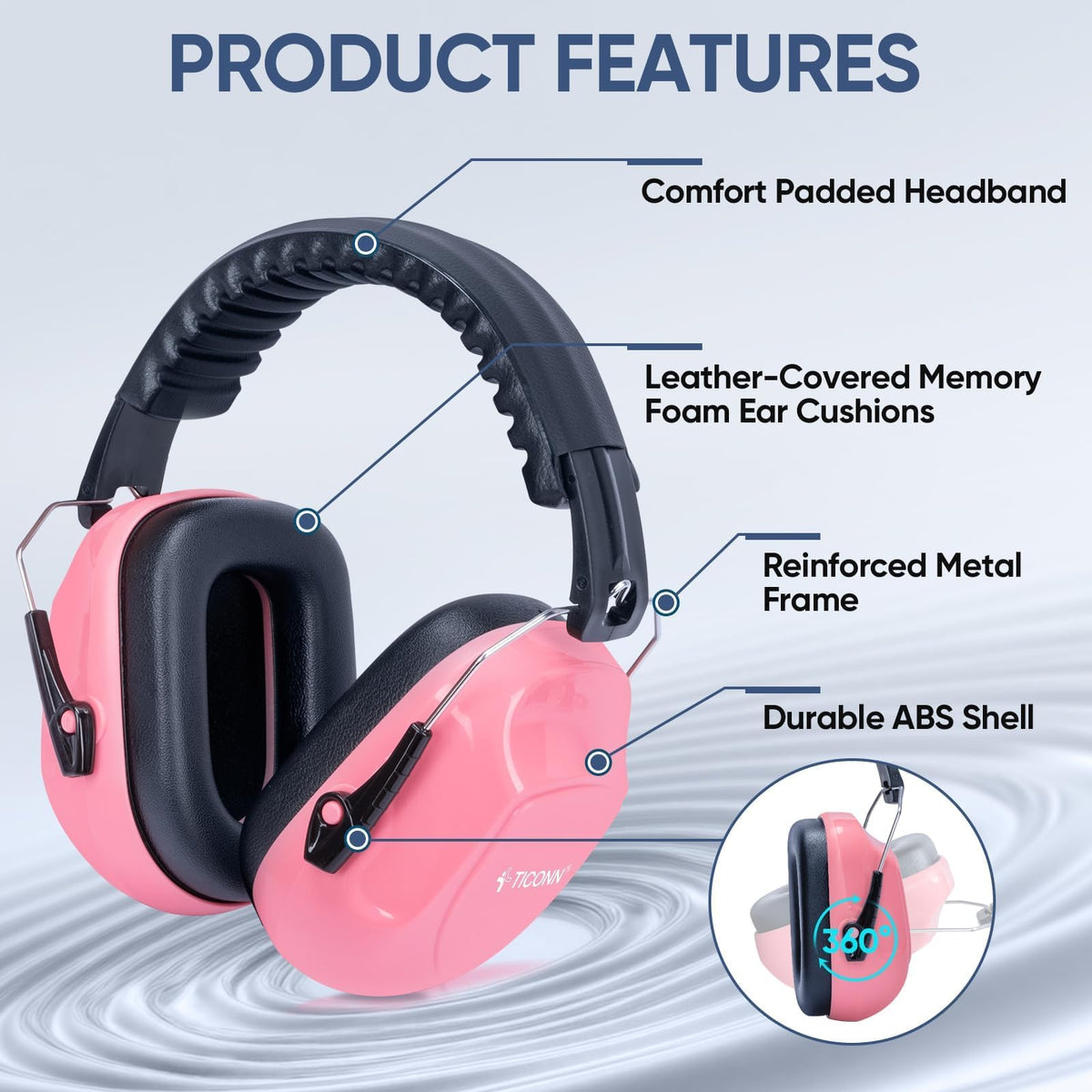 TICONN ear protection with ABS shell and reinforced frame for durability.