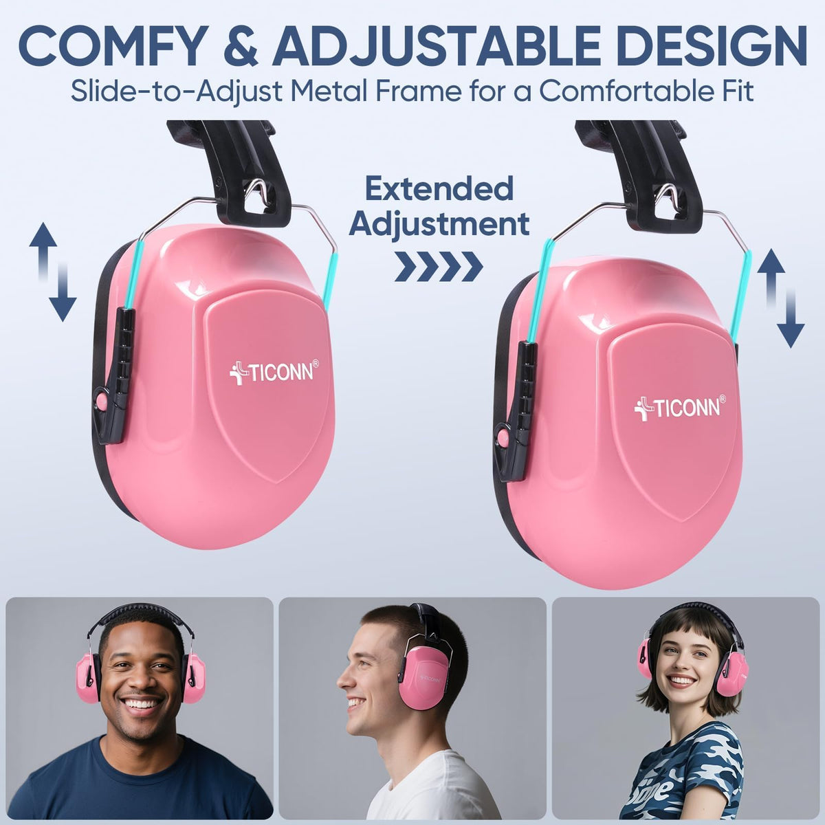 TICONN earmuffs with adjustable headband providing a secure fit.