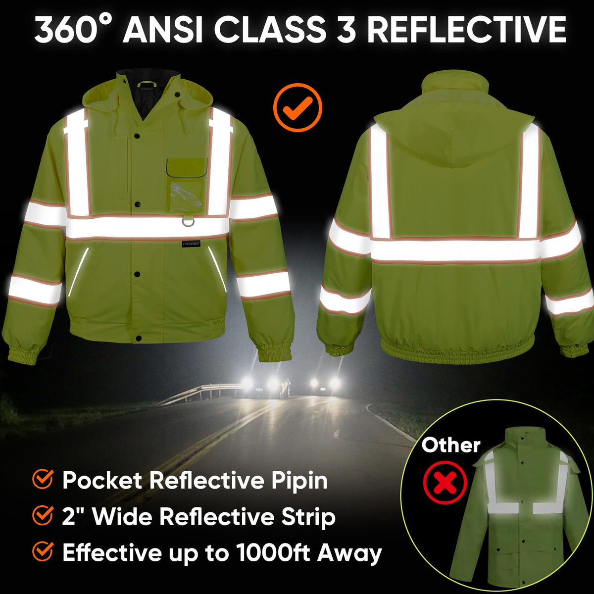 TICONN foldable hood stows behind the collar for a clean look.