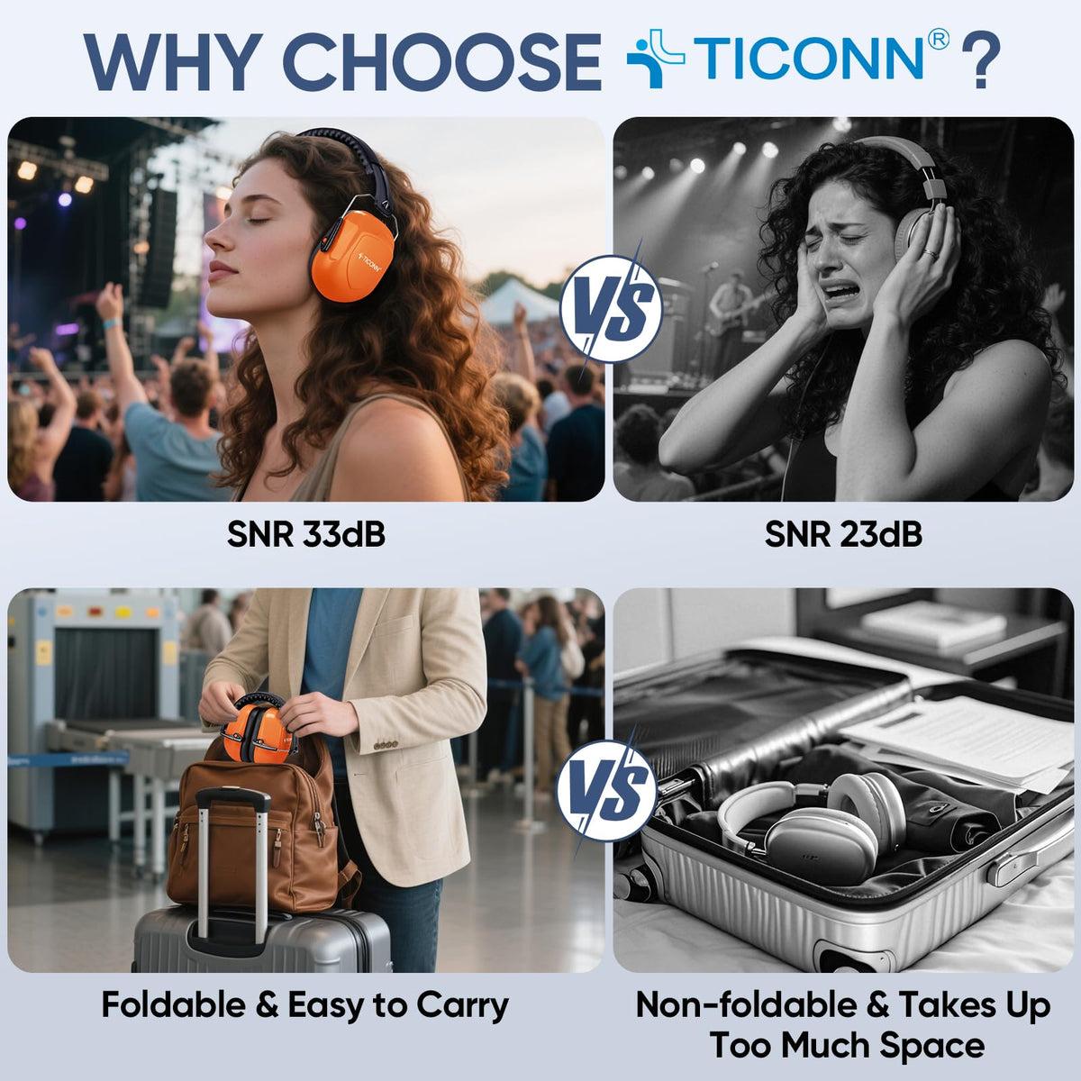 TICONN foldable portable hearing protection fits easily in bags for travel.