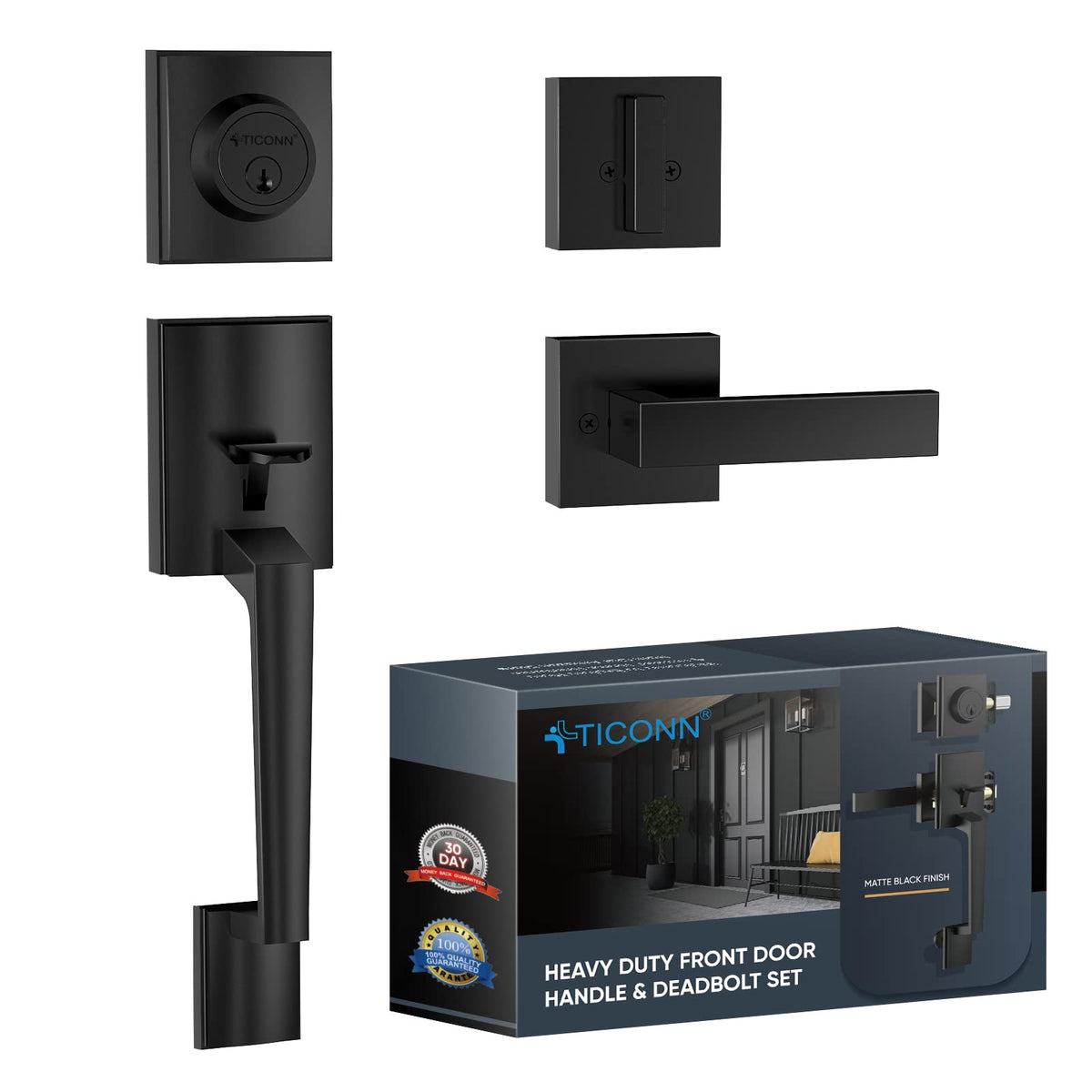 TICONN front door handle set with square lever for secure entry and matte black finish.