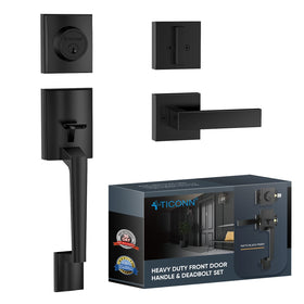 TICONN front door handle set with square lever for secure entry and matte black finish.