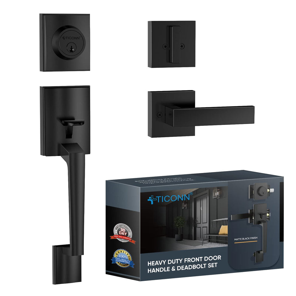 TICONN front door handle set with square lever for secure entry and matte black finish.