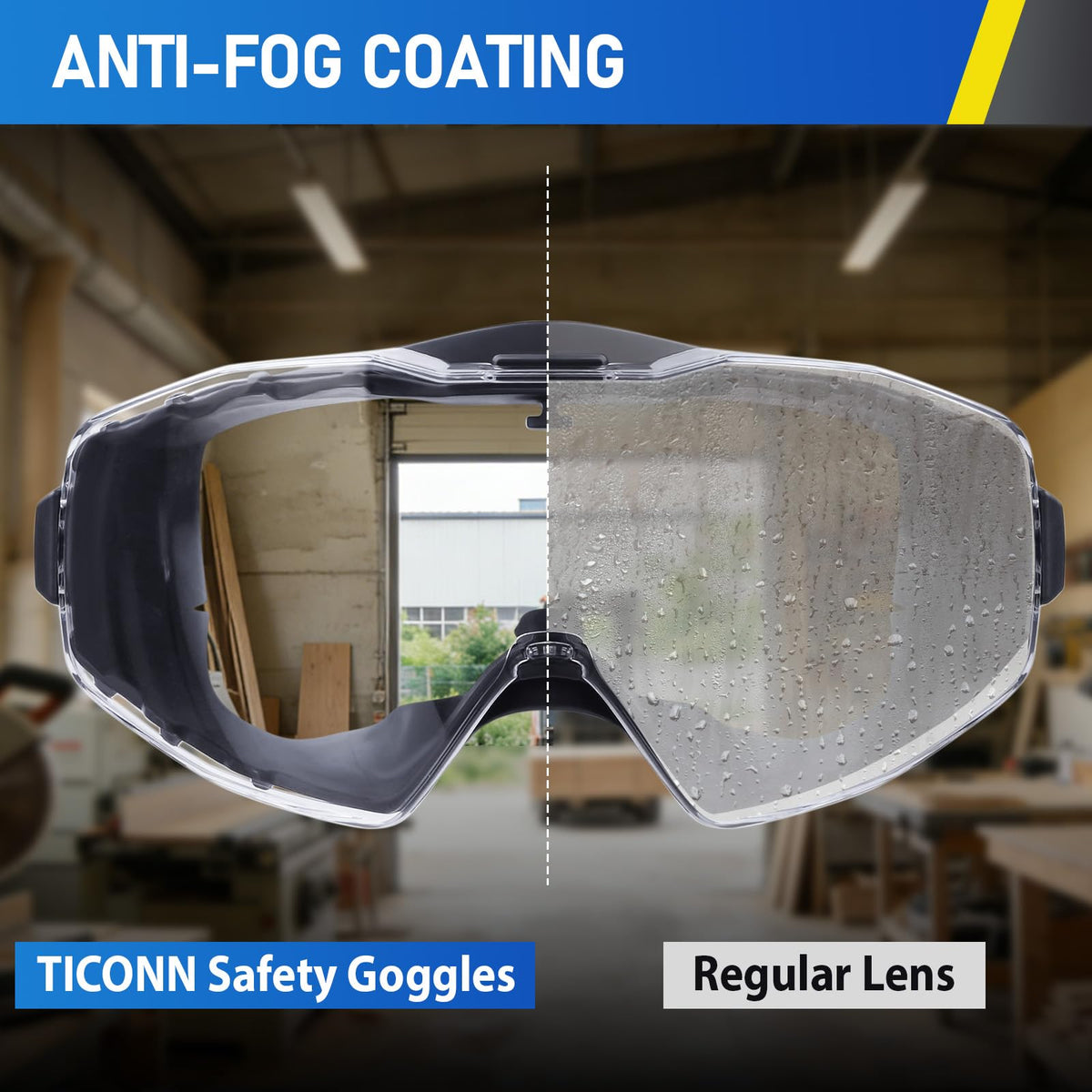 TICONN full-coverage eye protection guarding against dust and splashes