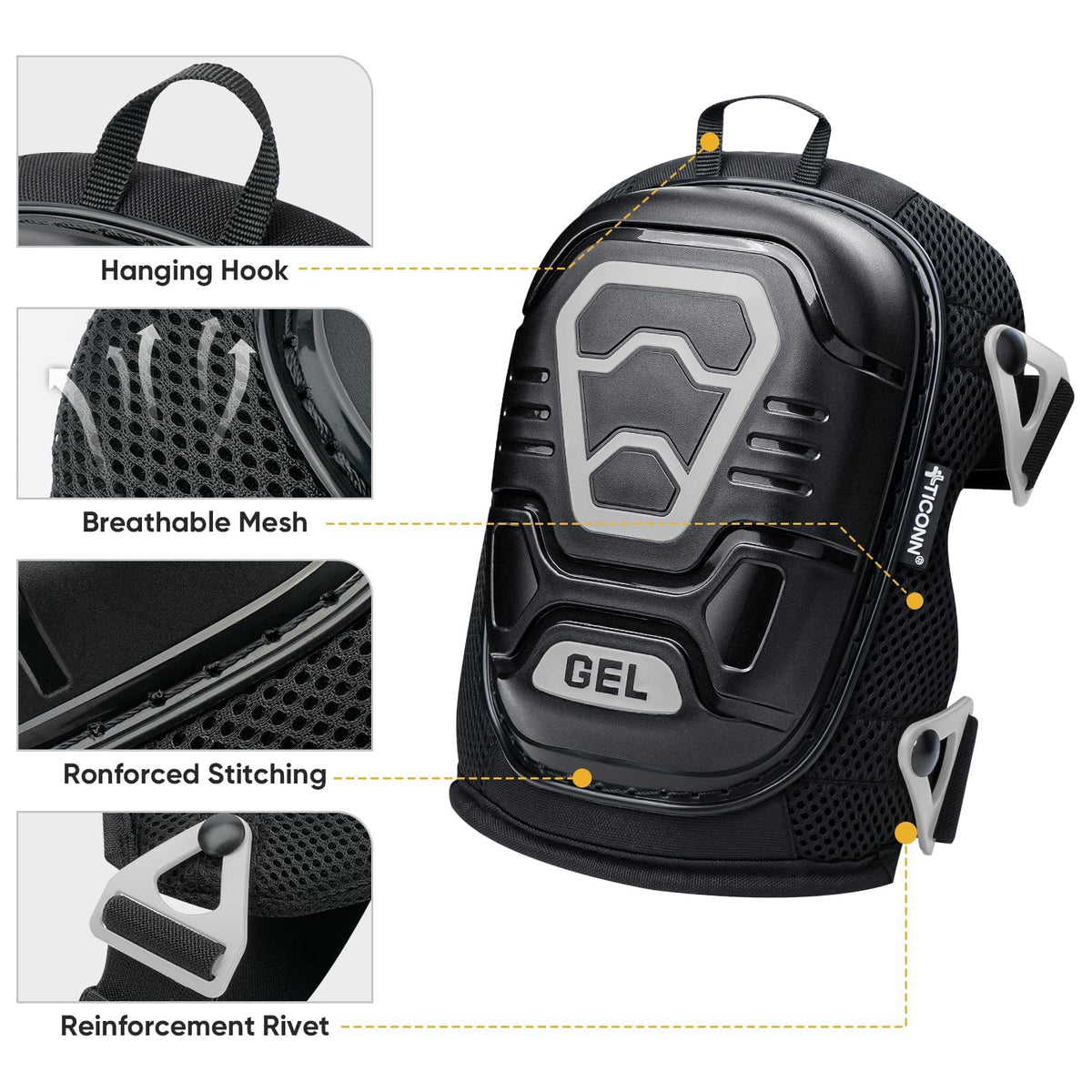 TICONN Gel Knee Pads built-in hanging loop for easy drying.