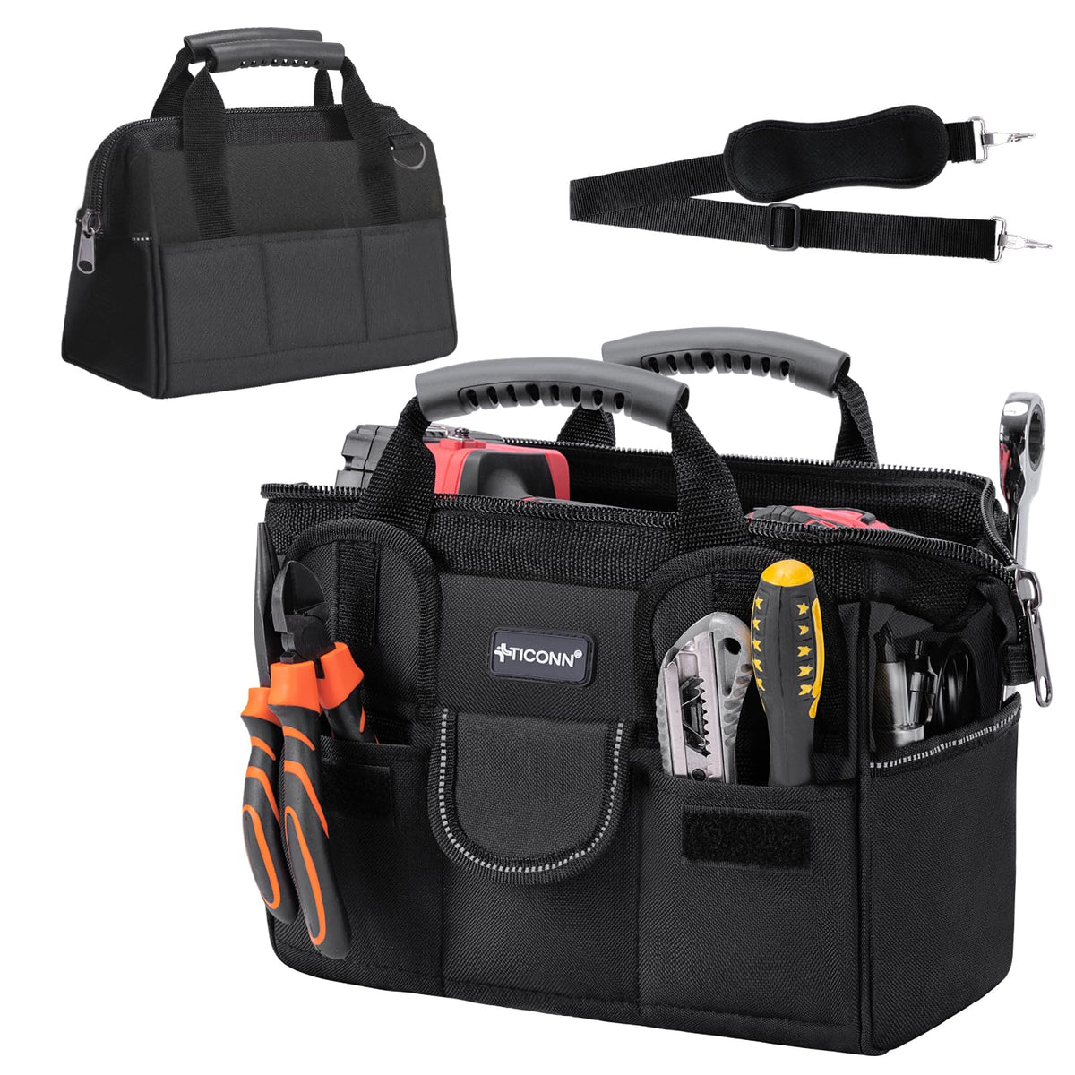 TICONN heavy-duty tool bag closed view showing organized multi-pocket design for tools