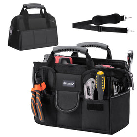 TICONN heavy-duty tool bag closed view showing organized multi-pocket design for tools