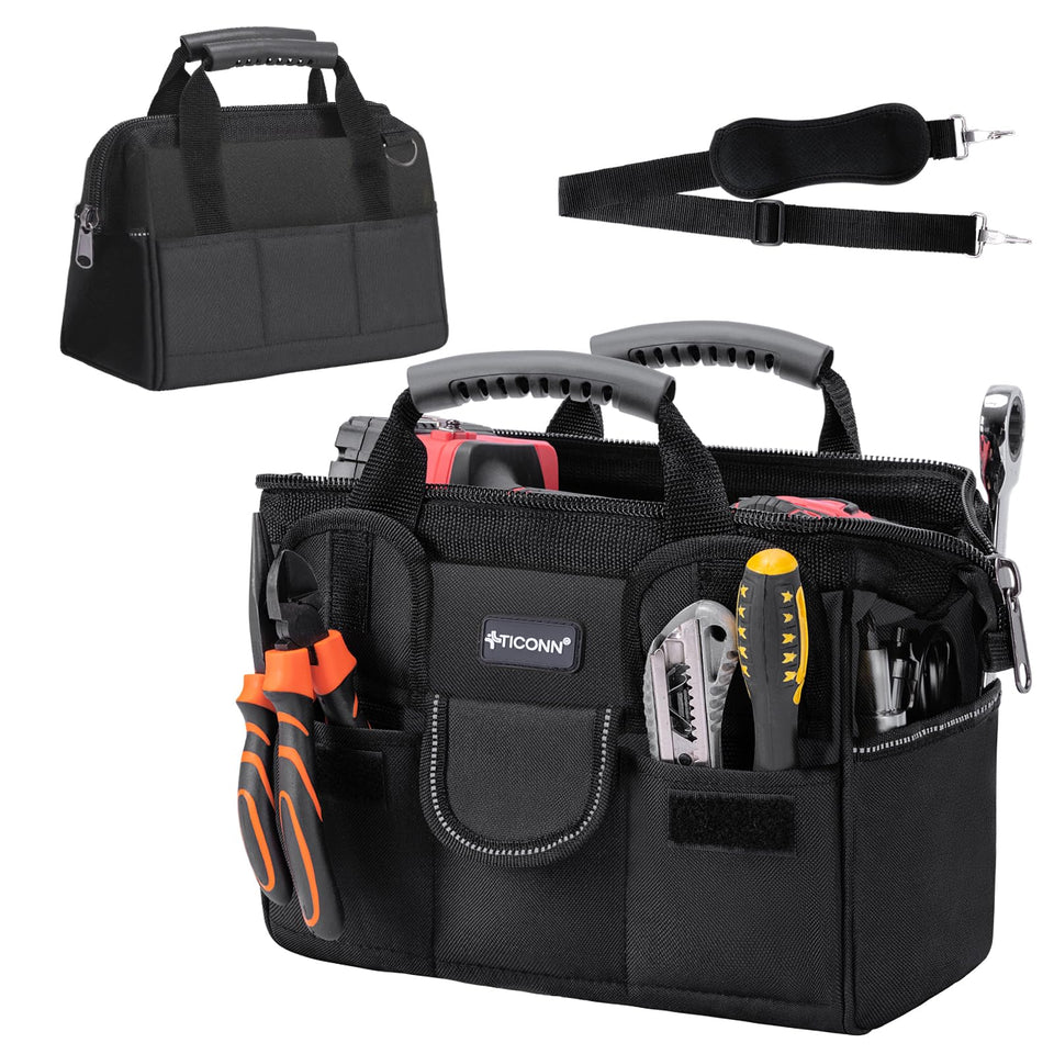 TICONN heavy-duty tool bag closed view showing organized multi-pocket design for tools