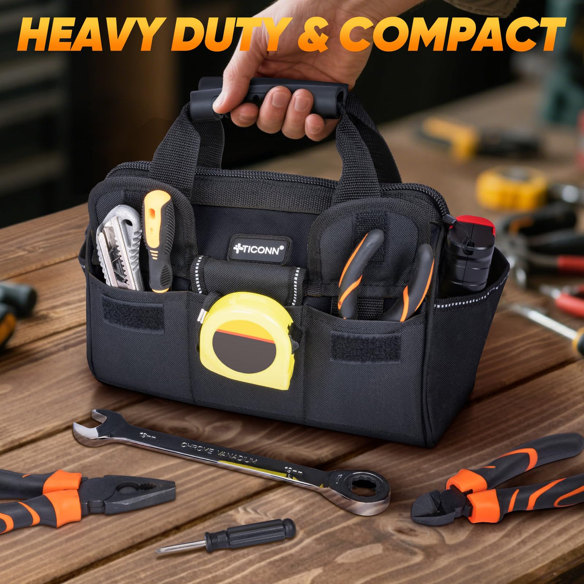 TICONN heavy-duty tool bag wide-mouth opening for easy loading of large tools