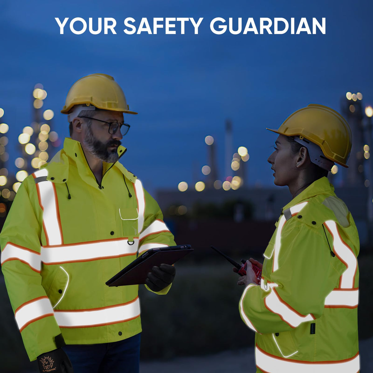 TICONN Hi-Vis rain coat showing 360-degree tape for low-light visibility