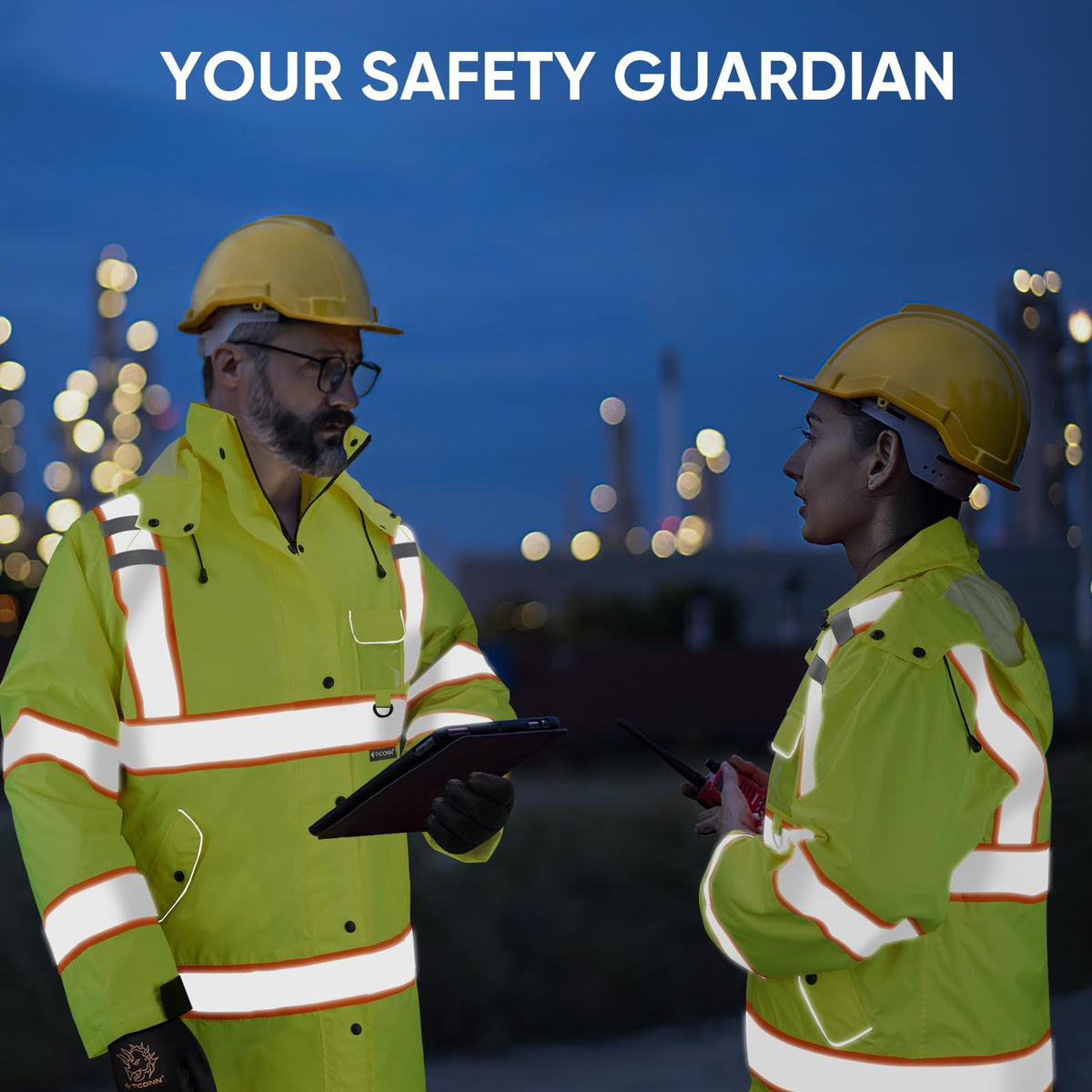 TICONN hi-vis rain jacket waterproof outerwear for work.
