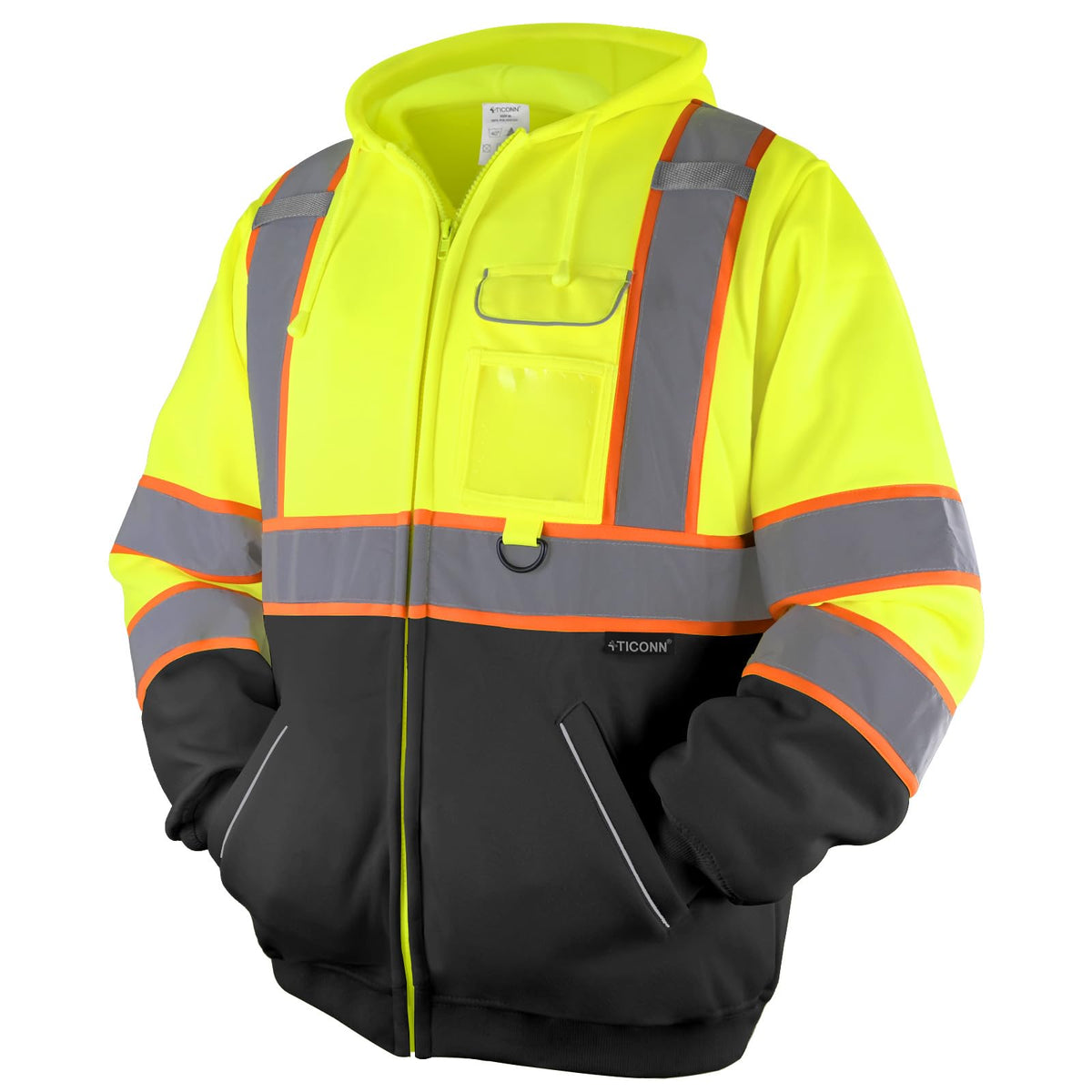 TICONN high-visibility hoodie front view boosts on-site visibility