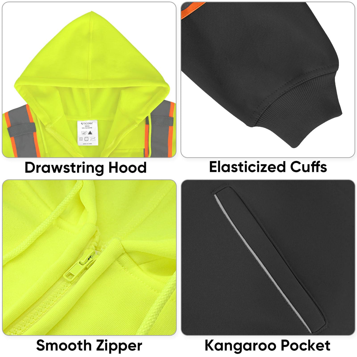 TICONN hi-vis hoodie reflective-strip close-up enhances night-time visibility